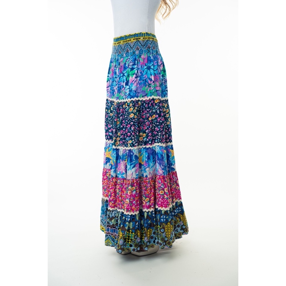 WHITE BIRCH Flower Patchwork Print Smocked Waist Tiered Maxi Skirt - Picture 3 of 10